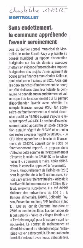 Coupure de Charente Libre du 17 février 2025 : « Sans endettement, la commune appréhende l’avenir sereinement »