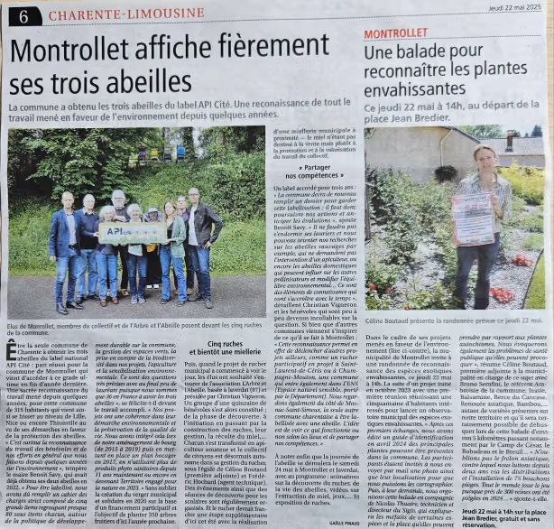 Coupure de L’Avenir Le Confolentais du 22 mai 2025 : « Montrollet affiche fièrement ses trois abeilles »
