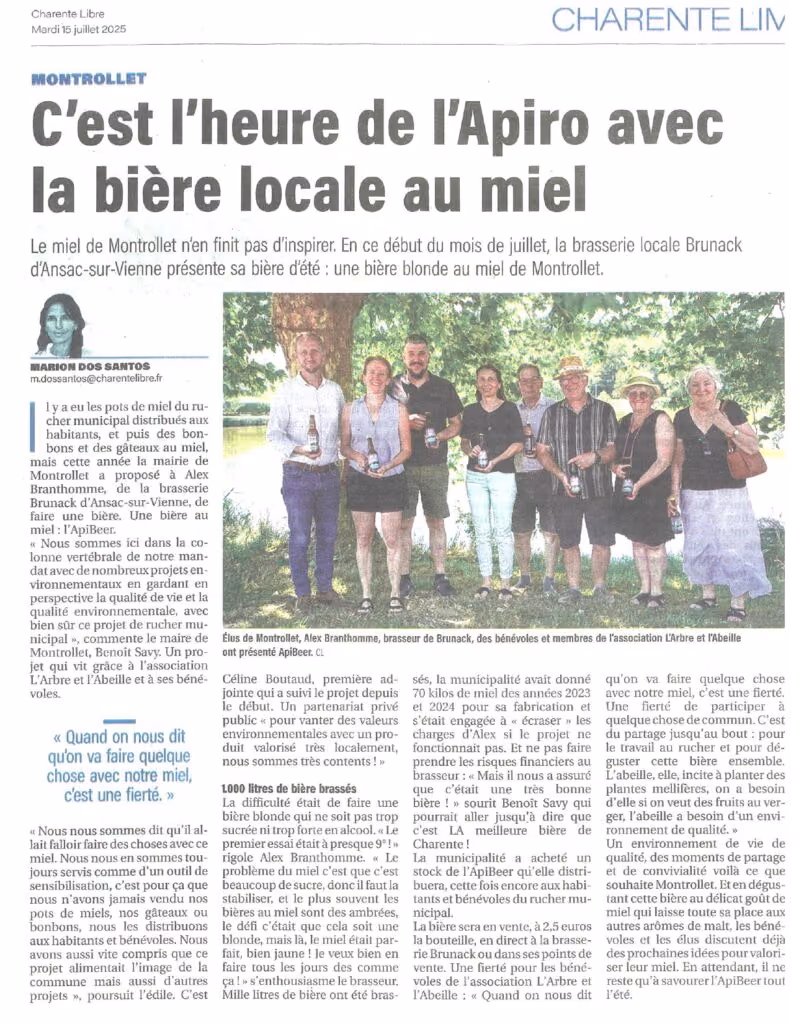 Coupure de Charente Libre du 15 juillet 2025 : « C’est l’heure de l’Apiro avec la bière locale au miel »
