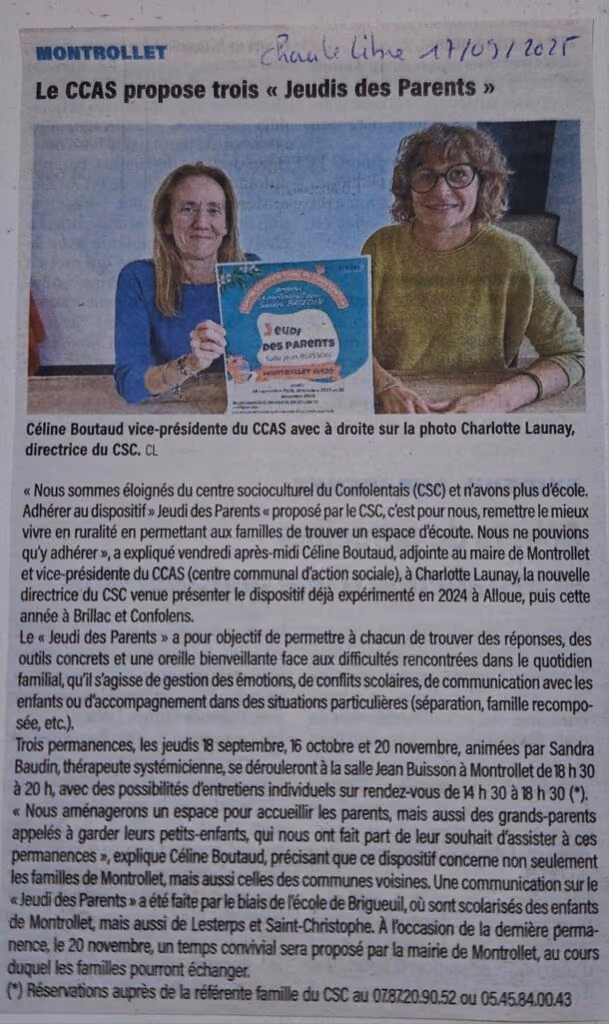 Coupure de Charente Libre du 17 septembre 2025 : « Le CCAS propose trois « Jeudis des Parents » »