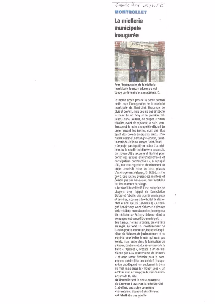 Coupure de Charente Libre du 10 octobre 2025 : « La miellerie municipale inaugurée »