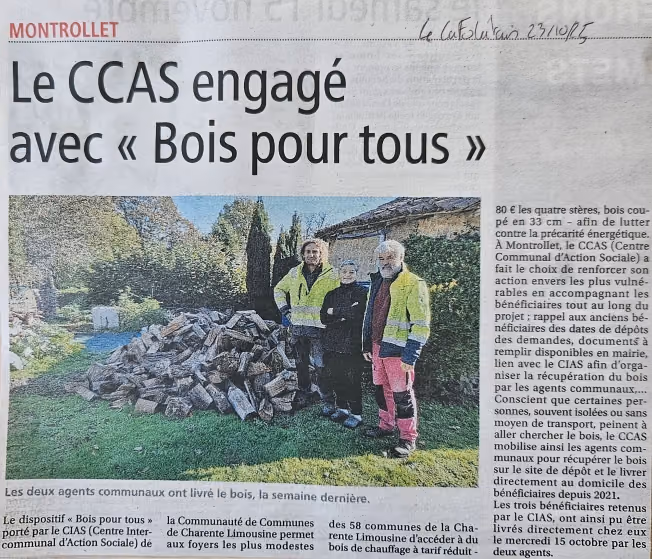 Coupure de L’Avenir Le Confolentais du 23 octobre 2025 : « Le CCAS engagé avec « Bois pour tous » »