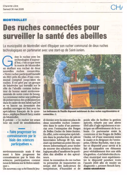 Coupure de Charente Libre du 30 mai 2026 : « Des ruches connectées pour surveiller la santé des abeilles »