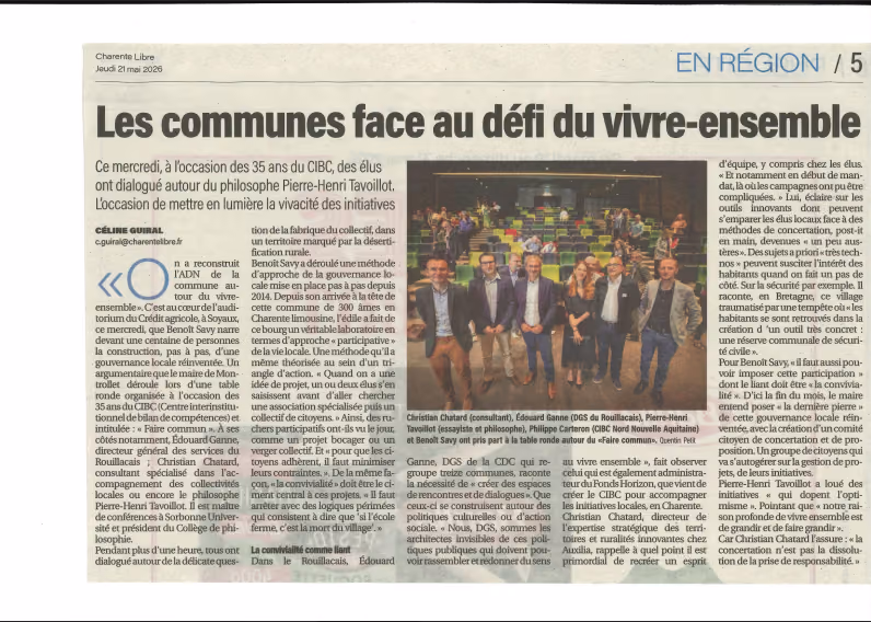 Coupure de Charente Libre du 21 mai 2026 : « Les communes face au défi du vivre-ensemble »