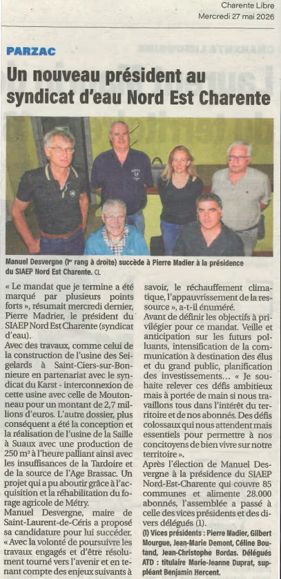 Coupure de Charente Libre du 27 mai 2026 : « Un nouveau président au syndicat d’eau Nord Est Charente »