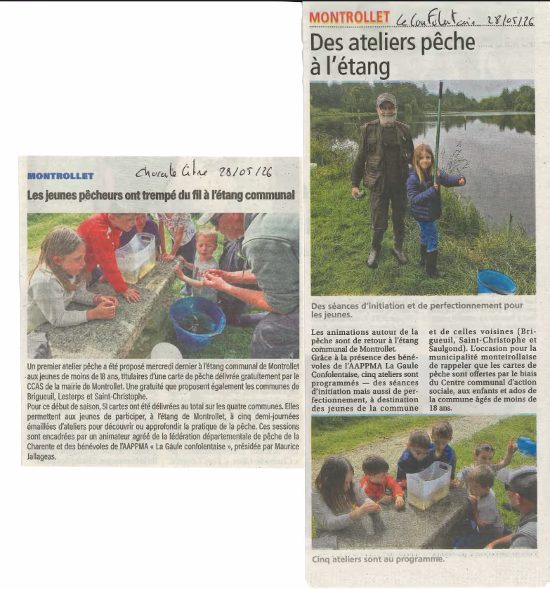 Coupures de Charente Libre et de L’Avenir Le Confolentais du 28 mai 2026 : « Les jeunes pêcheurs ont trempé du fil à l’étang communal » et « Des ateliers pêche à l’étang »