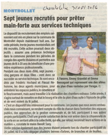 Coupure de Charente Libre du 3 août 2026 : « Sept jeunes recrutés pour prêter main-forte aux services techniques »