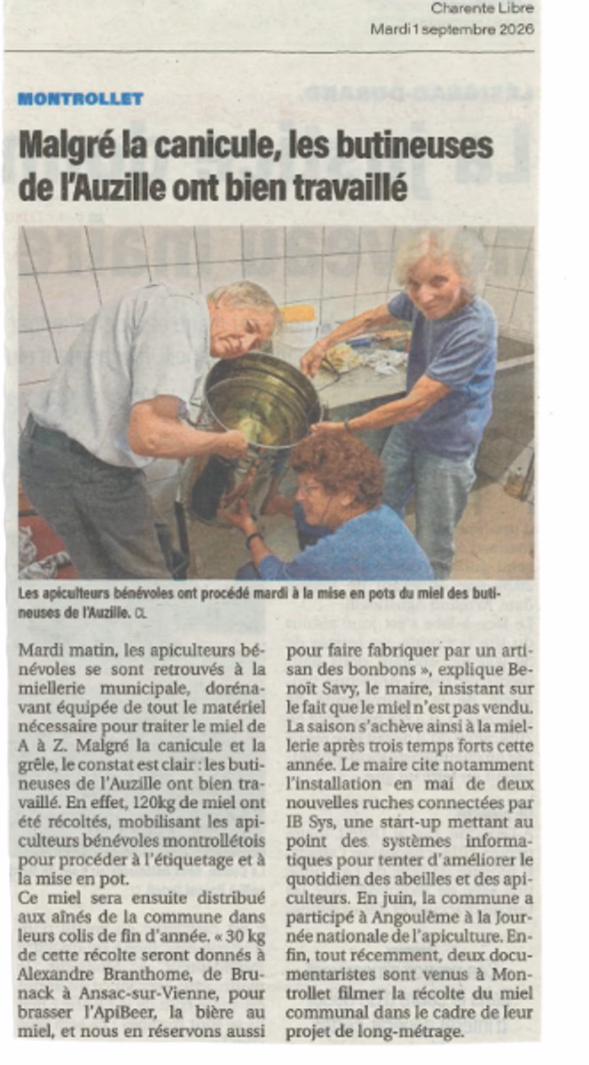 Coupure de Charente Libre du 1er septembre 2026 : « Malgré la canicule, les butineuses de l’Auzille ont bien travaillé »