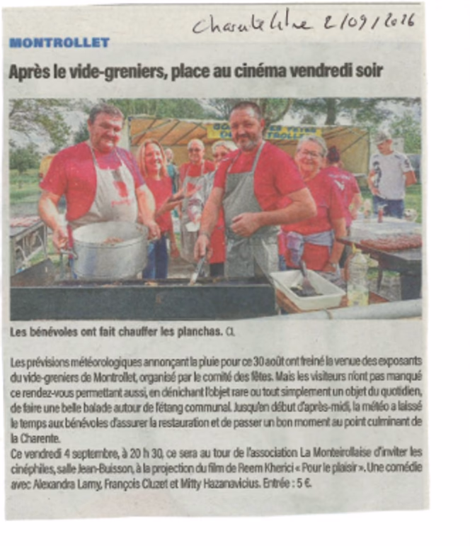 Coupure de Charente Libre du 2 septembre 2026 : « Après le vide-greniers, place au cinéma vendredi soir »